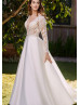 Beaded Ivory Lace Satin Sheer Back Modern Wedding Dress